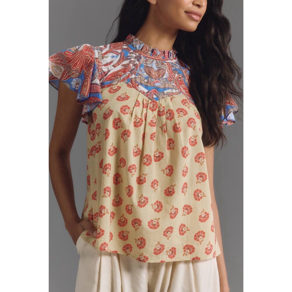 Farm Rio Ruffle-Sleeve Printed Blouse Small New Cotton Floral Boho Peasant Top